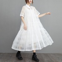 Nouvelle Robe Chemise en Organza Chic Française pour l'Été 2026, Ensemble 2 Pièces Ample et Superposé, Grande Taille, Robe Longue Noire pour Femme