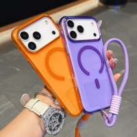 Coque de téléphone colorée magnétique haute transparence et forte avec sangle pour iPhone 15 16 17 Pro Max PC + coque de téléphone TPU