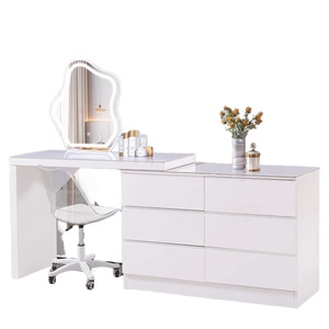โต๊ะเครื่องแป้งไม้สีขาวสไตล์โมเดิร์นขายดี พร้อมกระจกไฟและเก้าอี้ - Product Image 2