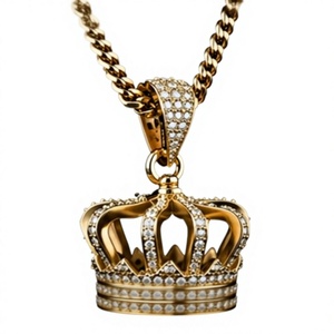 Collier pendentif couronne pour homme plaqué or 10 carats avec chaîne à maillons en cristal - Bijou tendance pour cadeau - Product Image 5