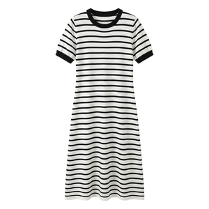 Vestido midi a rayas para mujer, manga corta, cuello redondo, corte holgado, informal, vestido de verano, cintura natural, 100% algodón, tejido de algodón. - Product Image 1
