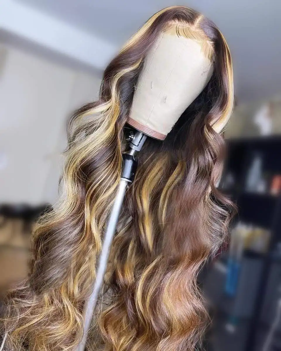 Uniky-Peluca de cabello humano con encaje frontal para mujer, postizo de 13x4 con reflejos de piano, color marrón oscuro, rubia, reflejos chocolate