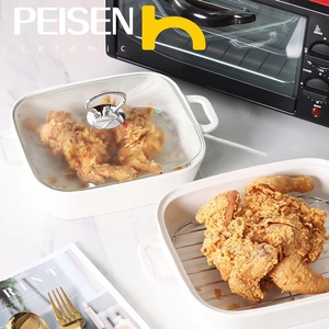 Plato de cerámica para hornear con tapa de vidrio y escurridor de aceite Bandeja para asar segura para microondas y <span class=keywords><strong>horno</strong></span> para hornear y cocinar - Product Image 1
