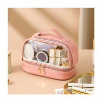 Trousse de Maquillage Double Couche Transparente Imperméable avec Fermeture Éclair Grande Capacité Organisateur Cosmétique Poignée Souple pour Femme Voyage