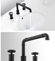 Pipa industri kuningan hitam Modern, dua pegangan keran wastafel kamar mandi dengan inti katup keramik dan Mixer air panas/dingin