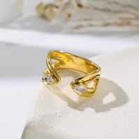 Bague ouverte en acier inoxydable plaqué or 18 carats pour femmes, nouvelle bijouterie élégante à double extrémité avec zircon en forme de goutte d'eau