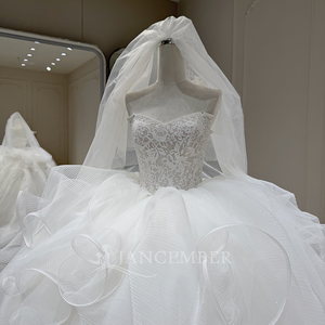 Xx89 Ivory Strapless 3D Ruffle Tulle Ball Gown <b>Wedding</b> Dress Lace Applique Long Train Bridal Gown Jancember - Product Image 5