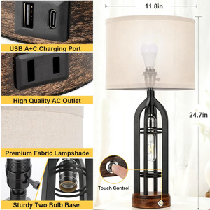 Lámpara de mesa negra moderna con puerto USB y control táctil para dormitorio, sala de estar, diseño de linterna estilo rústico - Product Image 4