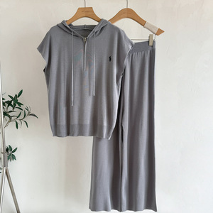 Black Hooded Knit Two Piece Set Sleeveless Vest and Wide Leg <b>Pants</b> for Women Casual <b>Summer</b> Outfit - Product Image 3
