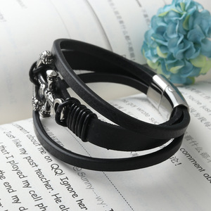 Anchor <b>Leather</b> <b>Bracelet</b> Black Titanium Steel Fashion Men's Jewelry - Product Image 3
