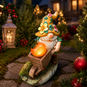 Statue de gnome <span class=keywords><strong>elfe</strong></span> sans visage en résine pour l'extérieur poussant le chariot avec lumière solaire orange pour la décoration de figurines de jardin de noël - Product Image 1