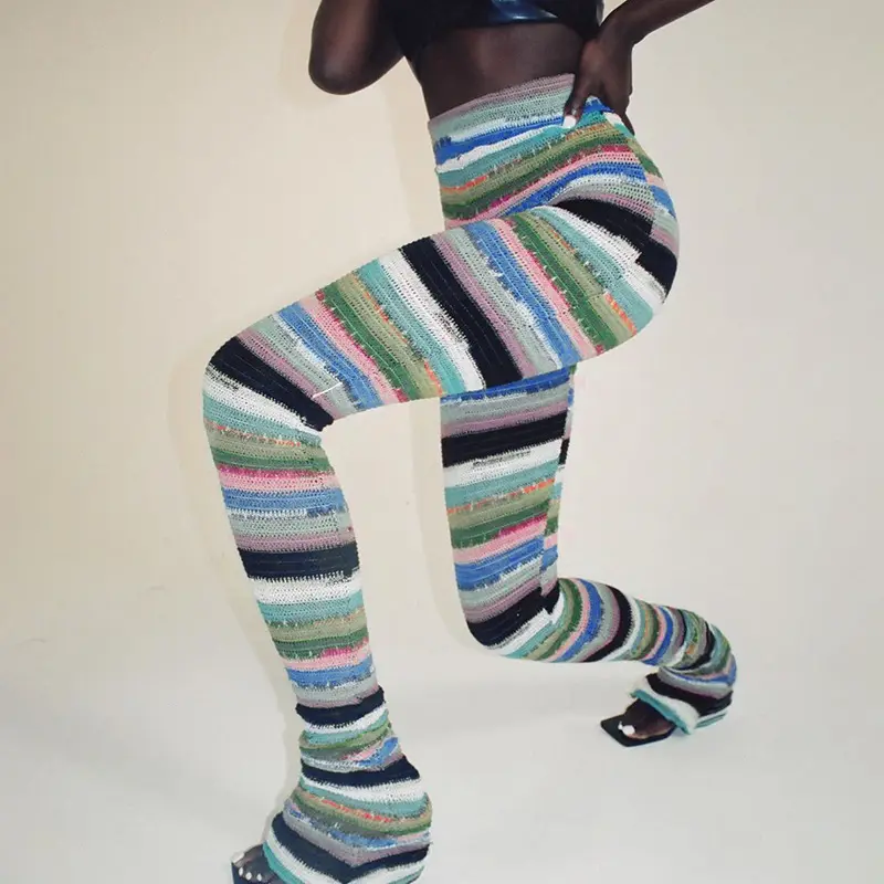 Bunte gestreifte gestrickte dünne gestapelte Hosen Frauen Leggings Streetwear Hippie Kleidung fallen sexy lange Hosen B1784