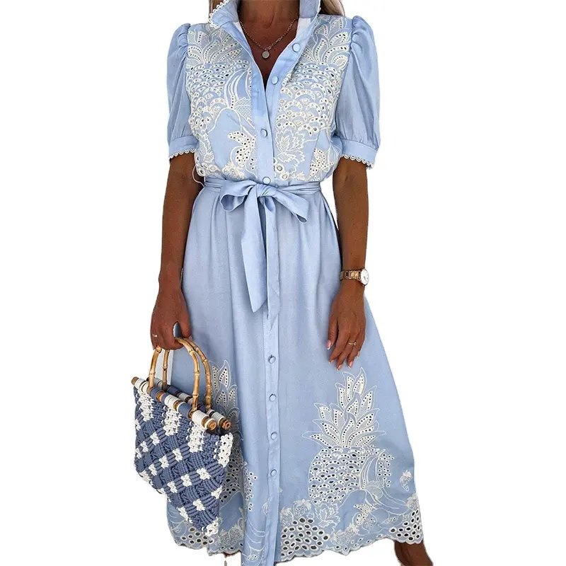 Women Summer Puff Sleeve Hollow Out Shirt Dress Casual Elegant Patchwork Embroidery Lace Long Dress Lace-Up Belted Party Dresses