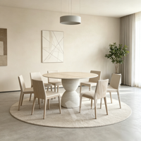 Table à manger ronde moderne avec plateau en pierre de travertin et base en corde, table artistique pour hôtel, appartement ou projet commercial
