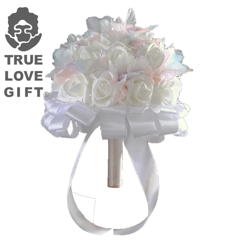 gjbouquet020 Romantic Artificial White Ivory Flowers Bridal Hand Holding Rose Wedding Bouquet