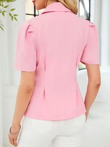 Giacca da Donna Rosa Doppiopetto con Maniche Corte a Sbuffo, Decorazione Rosa 3D, Colletto a Revers e Cintura in Vita - Product Image 2