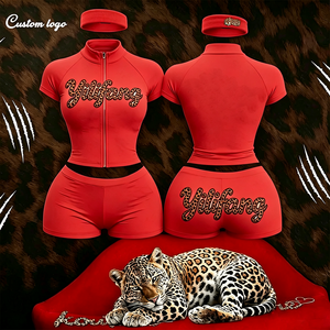 Set da 2 Pezzi Personalizzato con Logo per Donna, Giacca a Mezza Zip a Maniche Corte e <span class=keywords><strong>Mini</strong></span> Shorts Y2k, Completo Streetwear Estivo per Allenamento - Product Image 2