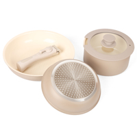 Set Peralatan Masak Keramik Putih Krim Anti Lengket Gagang Bakelite Lepas Pasang Panci Aluminium Induksi Dengan Tutup Kaca 5Pcs