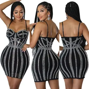 Yingchchao 2023 Plus Size Sexy Party Bling Crystal Vestido Sleeveless One Piece Skirt Women Bodycon Maxi Mini Dress Nightclub