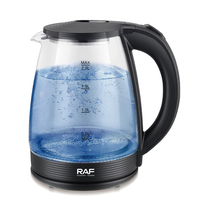 Bouilloire électrique en verre RAF 1500W, taille familiale, capacité de 2L, action de chauffe rapide, base pivotante stable à 360 degrés
