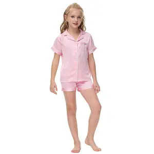 Custom Print Logo Design Embroidery Children Sleepwear Satin 2 Pieces Lounge Wear PJ Set Kids Girl Short Sleeve Set Pajamas