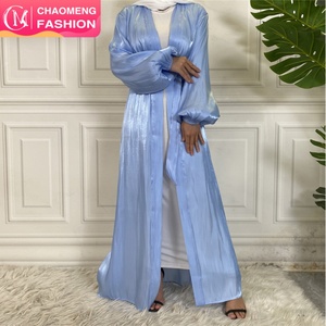 1877# Lightweight Spring Summer <b>Maxi</b> Dress Shiny Silk Puff Sleeve Muslim Women Open Abaya Dubai <b>Kaftan</b> Islamic Clothing 6 Colors - Product Image 1