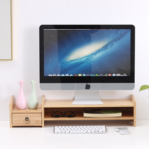 Bamboo Computer Monitor <b>Riser</b> Stand With Storage Drawers Desktop Organizer For Office <b>Desk</b> Heightening Base Rectangle Shape - Product Image 3