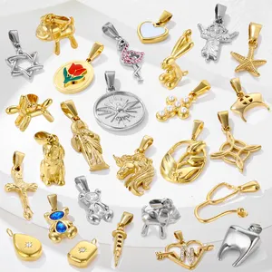 Vintage 18K Gold Dog Rabbit Pendant Necklace Fashion Women Men Stainless Steel Zircon Cross Angel Pendant for Jewelry Making