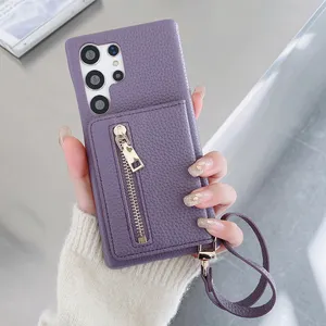 Zipper Wallet PU Mirror iPhone15 Flip Leather Back Cover for Samsung S24 Ultra S23 Wrist Strap Cell Phone Case for Google 8 Pro