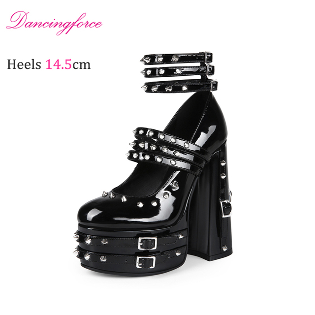 Women's 14.5cm Chunky Heel Platform Pumps Black  Gothic Punk Rivet Buckle Strap Sexy  Stage High Heels