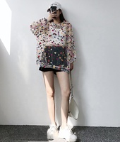 2024 nouvelle mode femmes noir en mousseline de soie Sexy Blouse filles Transparent maille Floral brodé Blouse