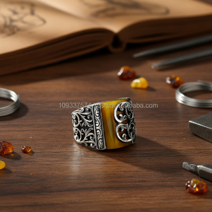 925K Sterling Silver Art Design Carved Turkish Men <b>Amber</b> <b>Ring</b> Handmade - Product Image 3