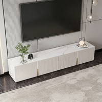 Meuble TV long et minimaliste blanc avec plateau en pierre, centre de divertissement multimédia, meuble TV pour salon