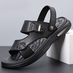 Sandales en cuir marron pour hommes, à porter de deux façons, avec sangle arrière réglable, semelle intérieure rembourrée, semelle épaisse antidérapante, chaussures décontractées pour l'été - Product Image 3