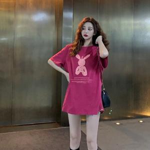 Camiseta de manga corta holgada de longitud media para <span class=keywords><strong>mujer</strong></span>, camiseta de verano con cuello Ins de dibujos animados de talla grande, Top BFF Base de tejido de punto corto para <span class=keywords><strong>mujer</strong></span> - Product Image 4