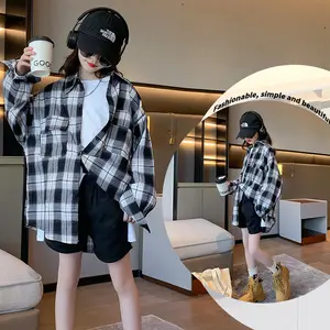 2023 Anak Gadis Lengan Panjang Hitam Putih Plaid Kemeja Blus Kasual 5-15 Tahun