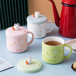แก้วนมน่ารักลายการ์ตูน แก้วชาเซรามิก แก้วกาแฟลายกระต่ายน่ารัก พร้อมฝาปิด - Product Image 3