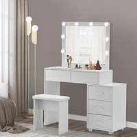 Ensemble de coiffeuse moderne en bois avec miroir éclairé et tabouret, LED à luminosité réglable, 5 tiroirs