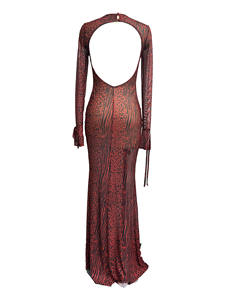 X5293 - Abito Elegante <span class=keywords><strong>da</strong></span> Festa per San Valentino, <span class=keywords><strong>Vestito</strong></span> <span class=keywords><strong>Lungo</strong></span> Rosso a Maniche Lunghe con Schiena Scoperta e Stampa Leopardata in Rete - Product Image 4