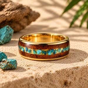 Bague <span class=keywords><strong>de</strong></span> <span class=keywords><strong>mariage</strong></span> pour homme en acier inoxydable plaqué or 18 carats JLM avec incrustation <span class=keywords><strong>de</strong></span> bois <span class=keywords><strong>de</strong></span> Koa et turquoise concassée, bijoux bohèmes en gros - Product Image 4