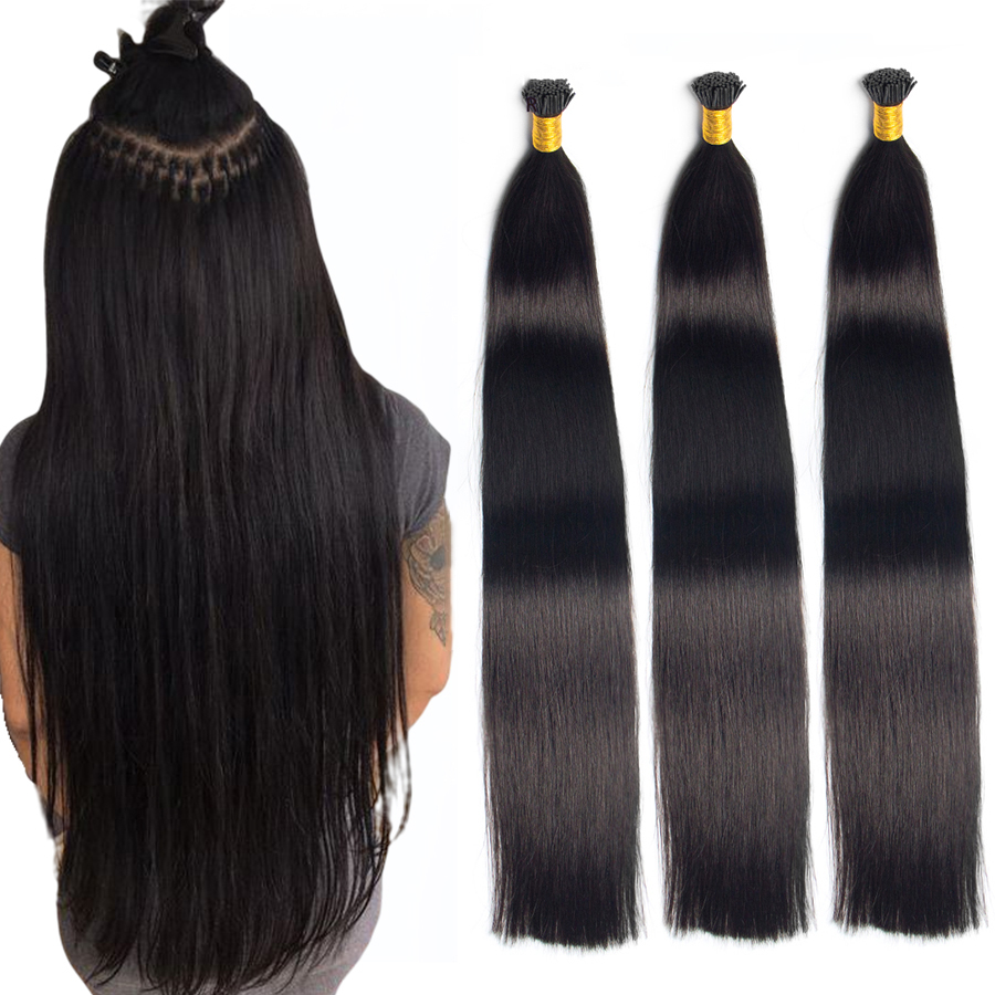 Extensão de cabelo cru, extensão de cabelo 100% remy natural de queratina negra