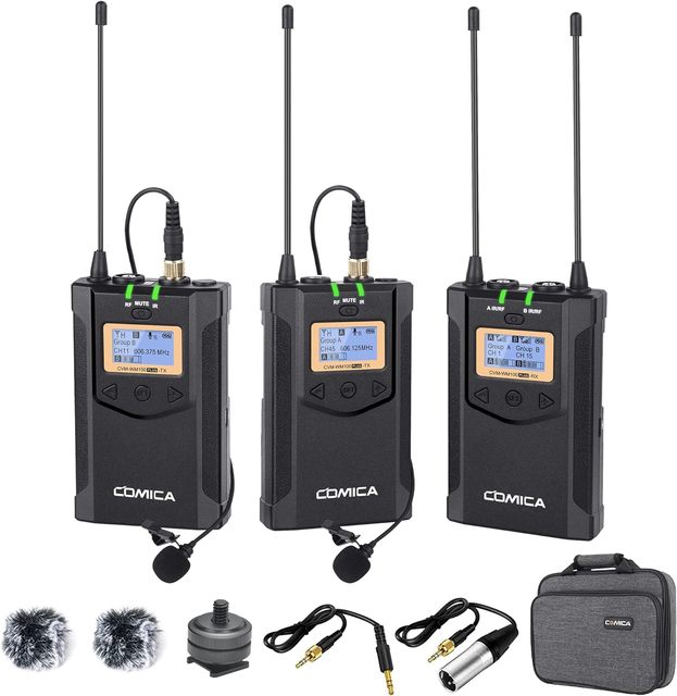 Wireless Lavalier Microphone, with Carrying Bag,Comica CVM-WM100 PLUS UHF 48 Channels Dual Lapel Microphone System for DSLR