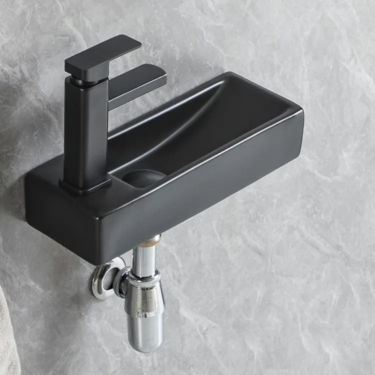 Matte Solid Surface Sloped Small Lavatory Luxury Public Bathroom Sink Rectangular Art Sink Black Pedestal Wudu Basin