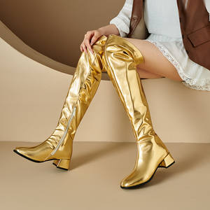 Mode plissé femmes bottes longues 2025 automne hiver élégant robe de soirée mi <span class=keywords><strong>talon</strong></span> Sexy dame sur le genou bottes or grandes tailles 46 - Product Image 3