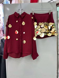 Nouvelle <span class=keywords><strong>collection</strong></span> A12130 : Ensemble haut court à manches longues à simple boutonnage + jupe patchwork à sequins - Product Image 2