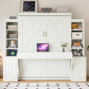 Queen Size Modern Solid Wood Murphy Bed with <b>Desk</b> & Storage Space-Saving <b>Wall</b> Bed with Cabinets & Drawers White - Product Image 1
