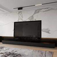 Meuble TV sans poignées Laqué Minimaliste Noir Salon Industriel Bois de bouleau