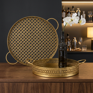 Ensemble de plateaux décoratifs ronds plaqués or, motif géométrique, design contemporain, avec poignée, pour comptoir de bar - Product Image 1