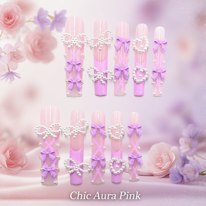 Juego de 24 Uñas Postizas Largas Color Rosa Aura Chic, Pre-Diseñadas con Perlas y Lazos para Mujer - Product Image 2