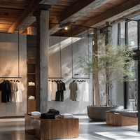 Support d'exposition pour vêtements pour hommes, style minimaliste, lumière naturelle, luxe, combiné à un éclairage doux et à une texture bois